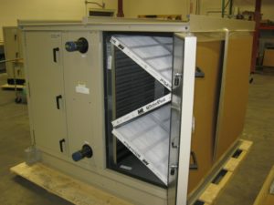Custom air handler with 4-inch thick insulated walls for noise attenuation.