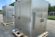 Swagger paneled noise enclosures constructed of two-inch acoustic foam with embossed 18 ga. aluminum outer walls. The seven (7) enclosures were 78” x 70” x 87” each and included all necessary doors, cutouts, and lifting eyes.