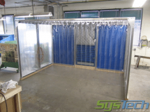 Booth enclosure with reinforced vinyl walls and ceiling