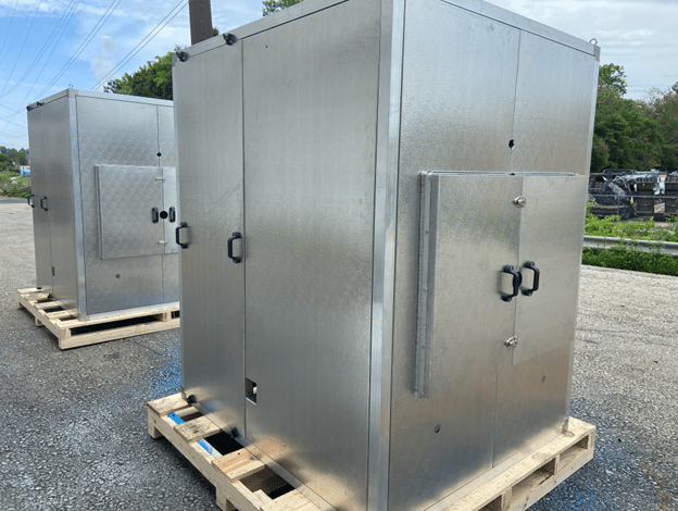 Non-standard paneled noise enclosures for swagger machine noise control.