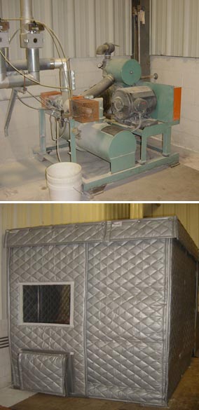 Top - The material feed pump before the addition of the softball noise enclosure. Bottom- The material feed pump after the addition of the softball noise enclosure with a viewing window and ventilation openings for heat release. 